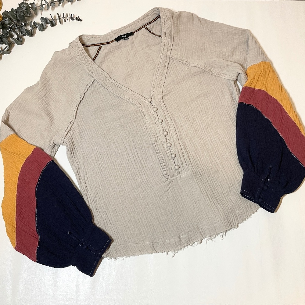 Fate Gauze Blouse Womens M Colorblock Balloon Sleeve Boho Peasant Festival Top